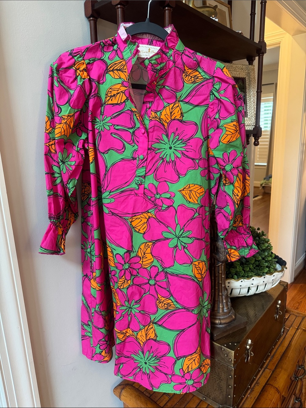 Flora Bea NYC  built in cinched waist line floral pink and green and orange